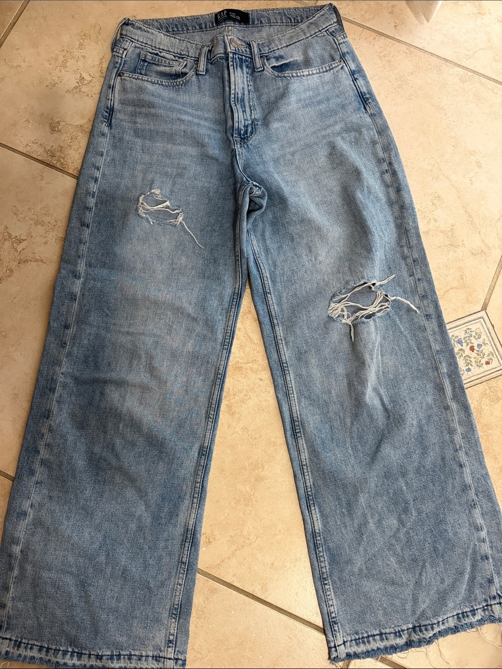 GAP Light Blue Distressed High Rise- Wide Leg Jeans